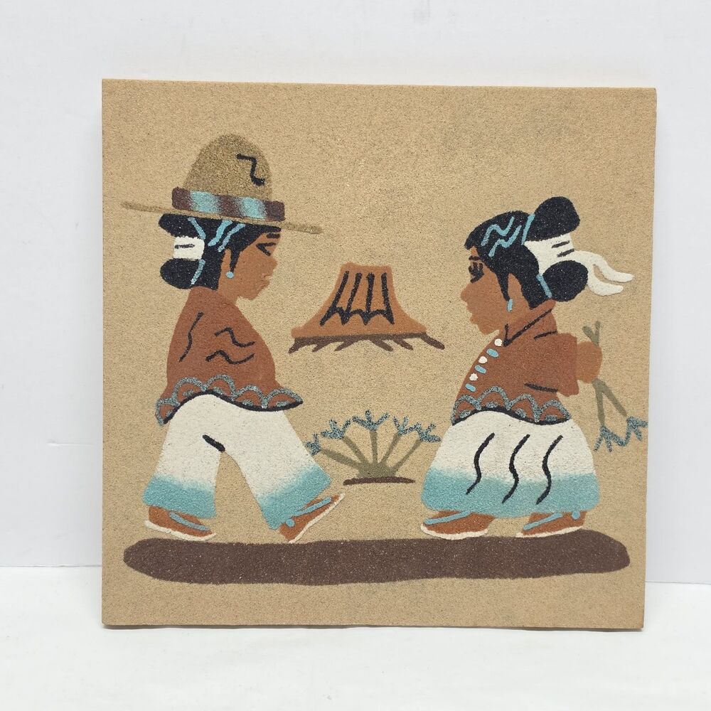 Navajo Sand Paining Native American Art Girl And Boy Signed By Mary Peshlakai